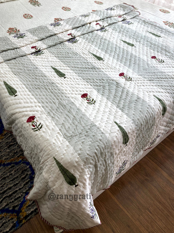 Green Stripes Red Floral Single Bed Jaipuri Razai / Quilt Cotton Hand Block