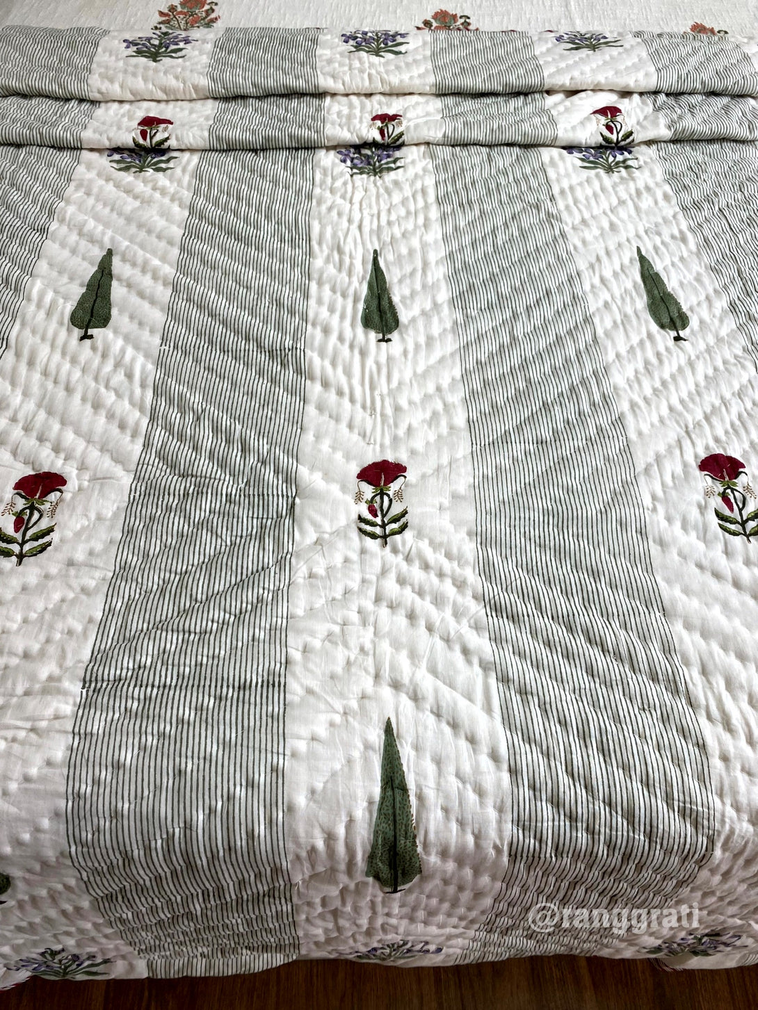 Green Stripes Red Floral Single Bed Jaipuri Razai / Quilt 