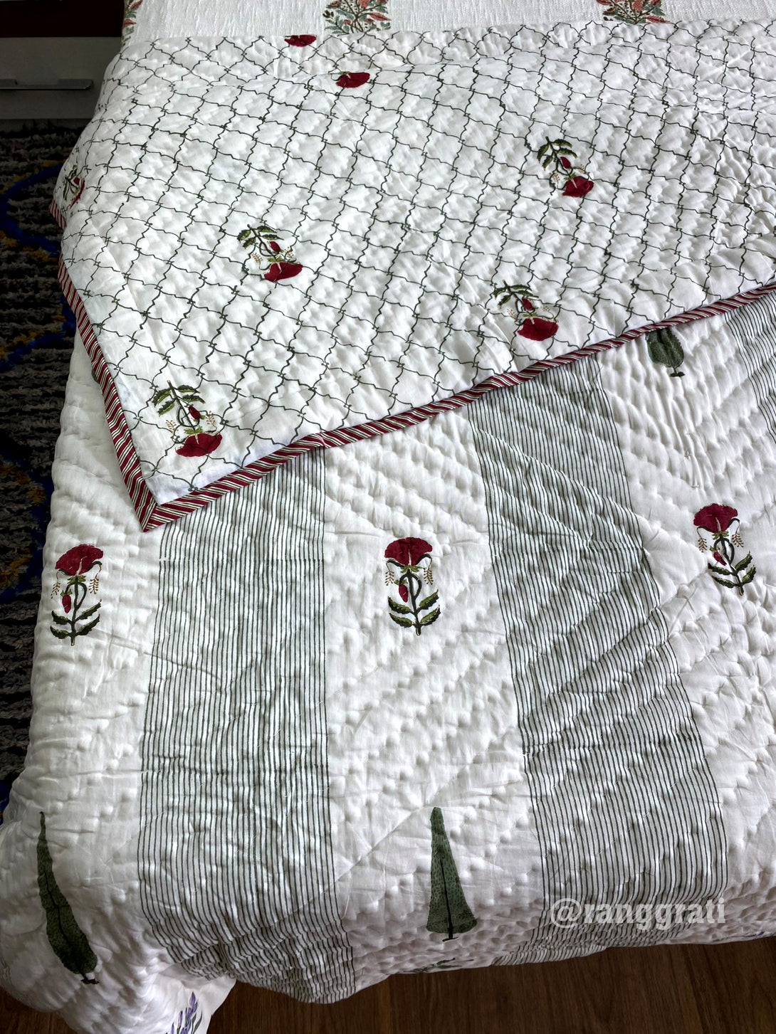 Green Stripes Red Floral Single Bed Jaipuri Razai / Quilt Cotton Hand Block Reversible