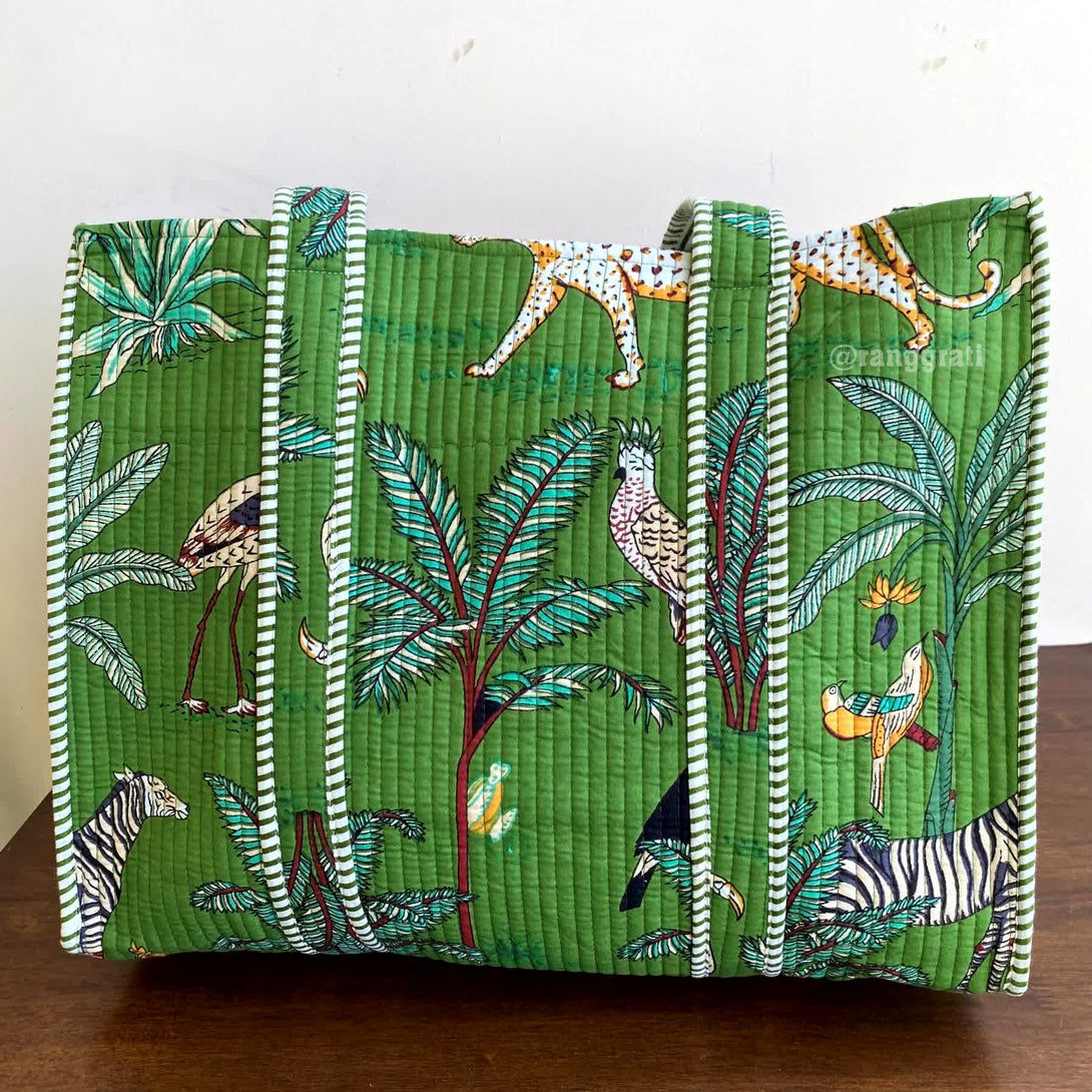 Green Tote Bag Quilted Hand Block Printed Cotton Without Zip - Tote Bag