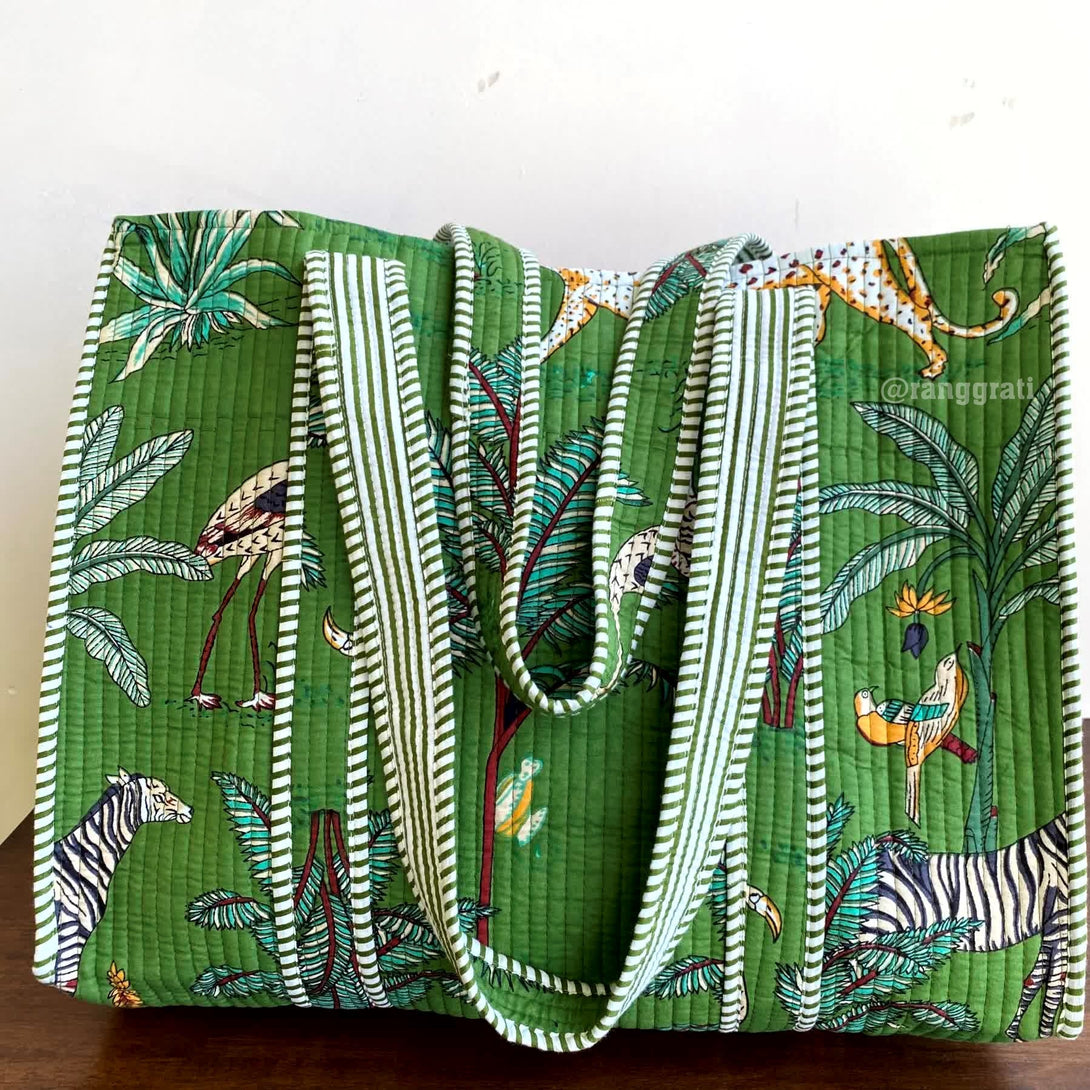 Green Tote Bag Quilted Hand Block Printed Cotton Without Zip - Tote Bag