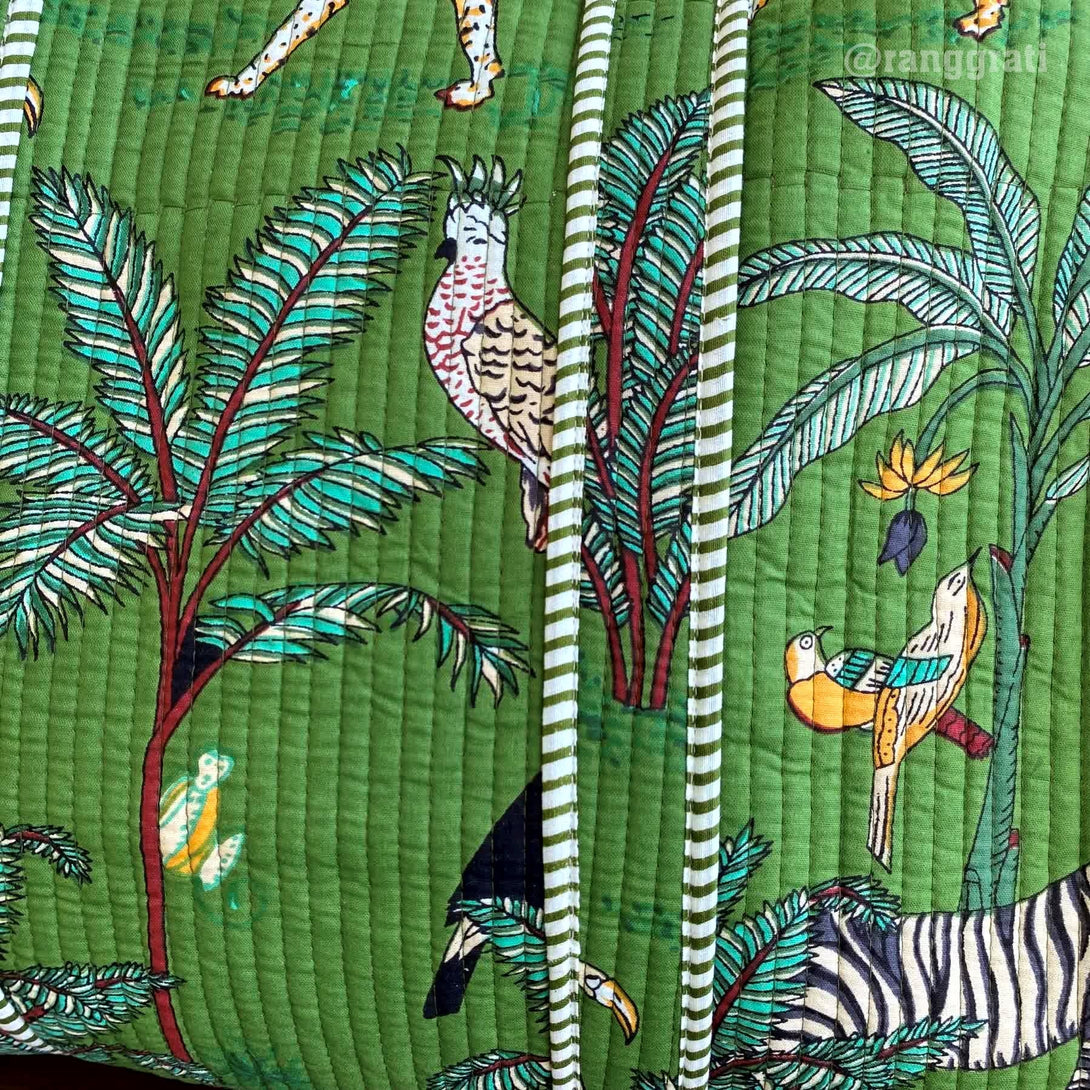 Green Tote Bag Quilted Hand Block Printed Cotton Without Zip - Tote Bag