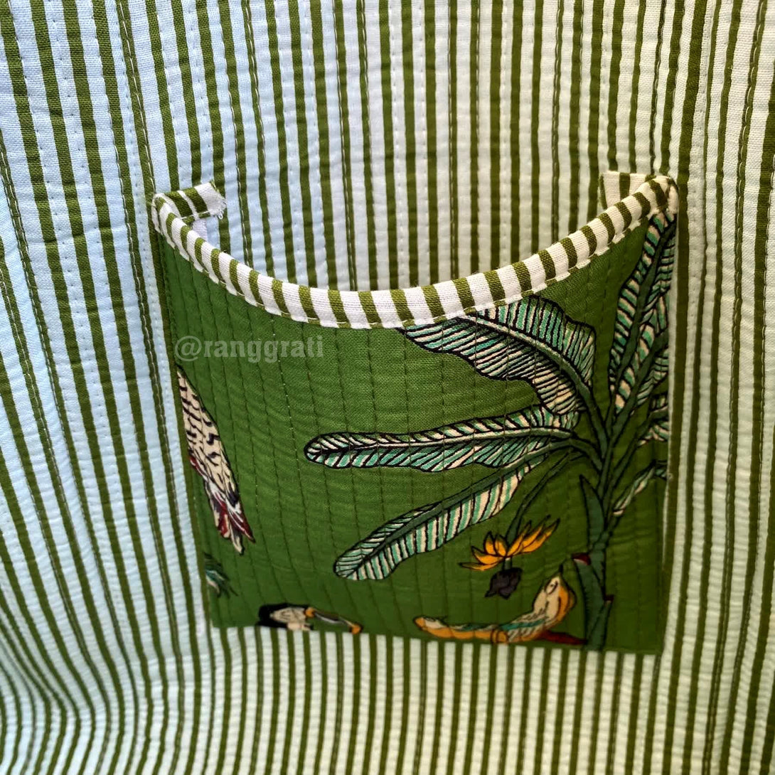 Green Tote Bag Quilted Hand Block Printed Cotton Without Zip - Tote Bag
