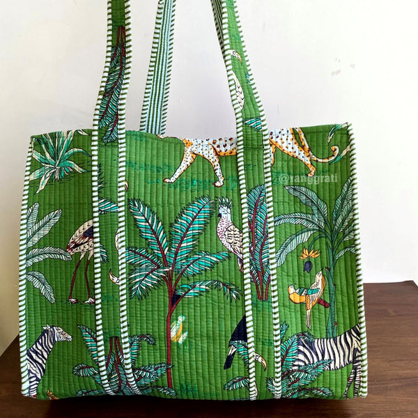 Green Tote Bag Quilted Hand Block Printed Cotton Without Zip - Tote Bag