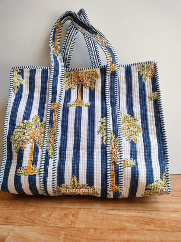 Green Tree On Blue Stripes Tote Bag quilted Hand Block Printed Cotton with Zip Online - Tote Bag