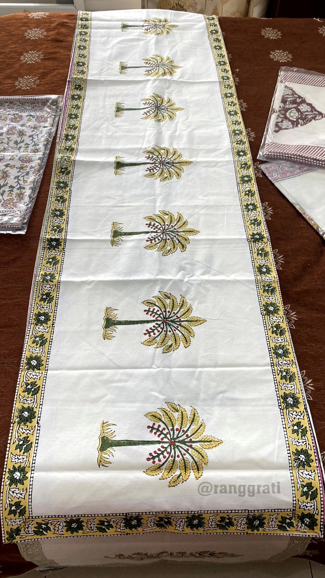 Green Tree Table Runner 8 Seater Dining Table Block Print - Table Runner