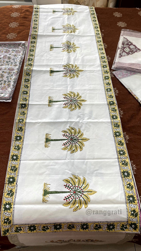 Green Tree Table Runner 8 Seater Dining Table Block Print - Table Runner