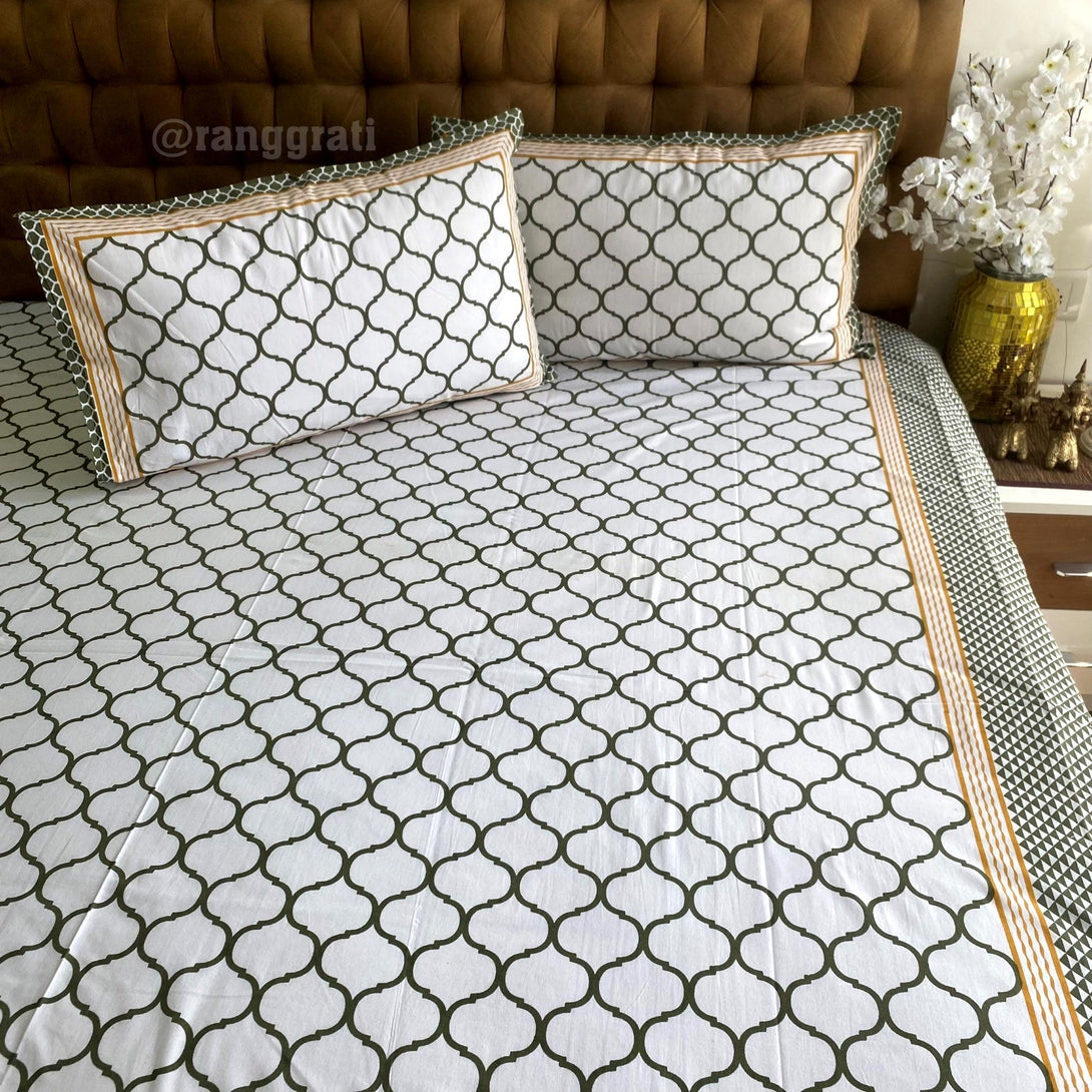 Green Waves Jaipuri Cotton Bedsheet King Size For Double Bed - Bedsheet