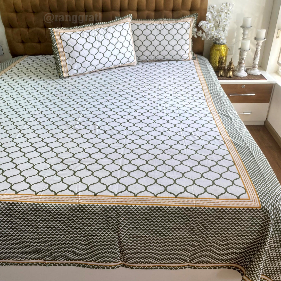 Green Waves Jaipuri Cotton Bedsheet King Size For Double Bed - Bedsheet