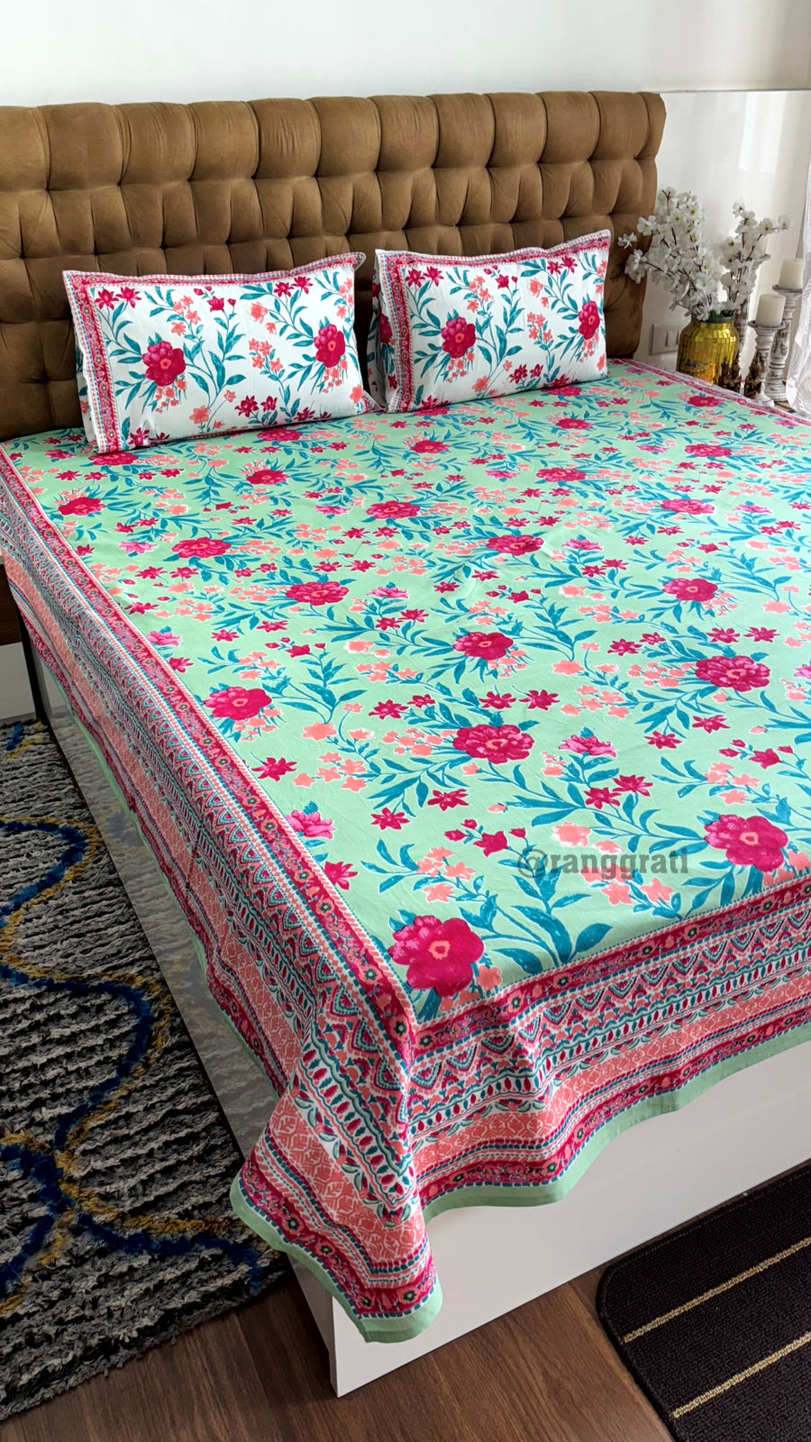 Green With Red Flower Jaipuri Cotton Bedsheet King Size