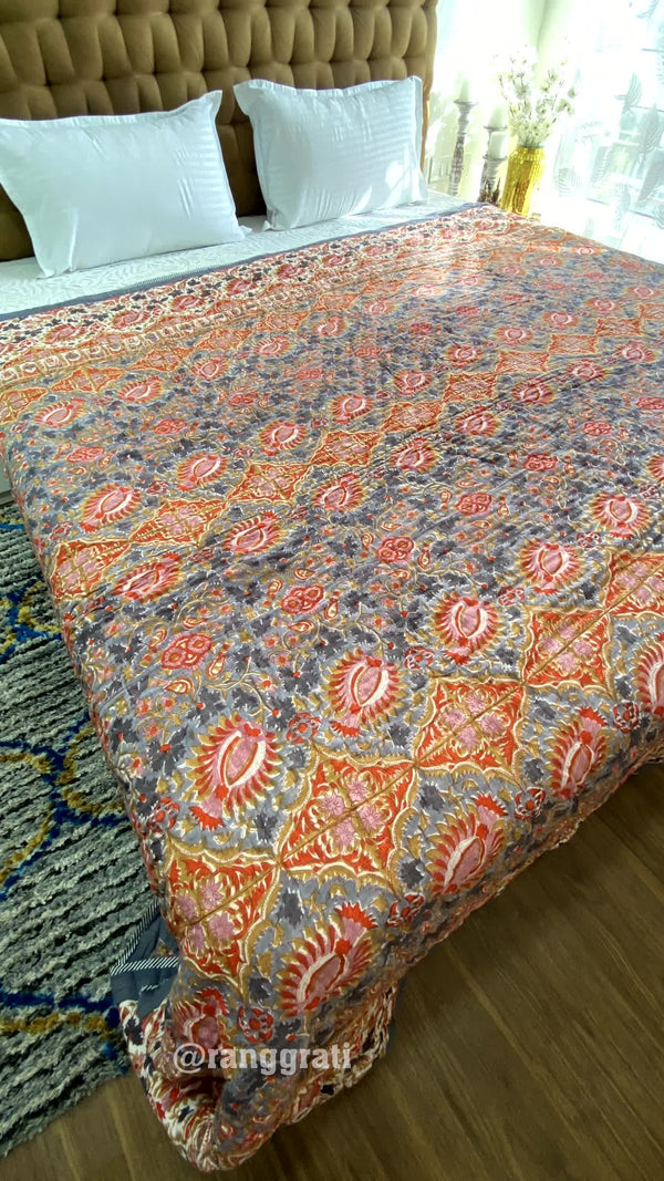 Grey Abstract Double King Razai / Quilt Cotton Hand Block Jaipuri