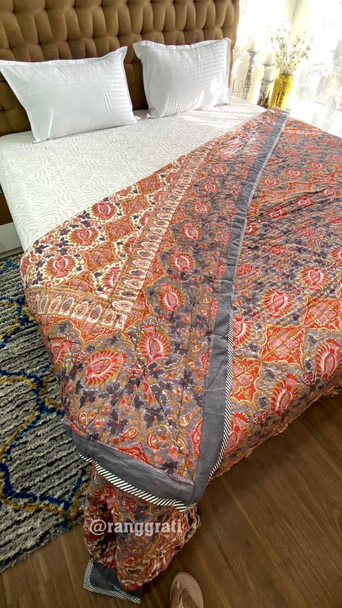 Grey Abstract Double Razai / Quilt Cotton Hand Block Jaipuri King Size Reversible
