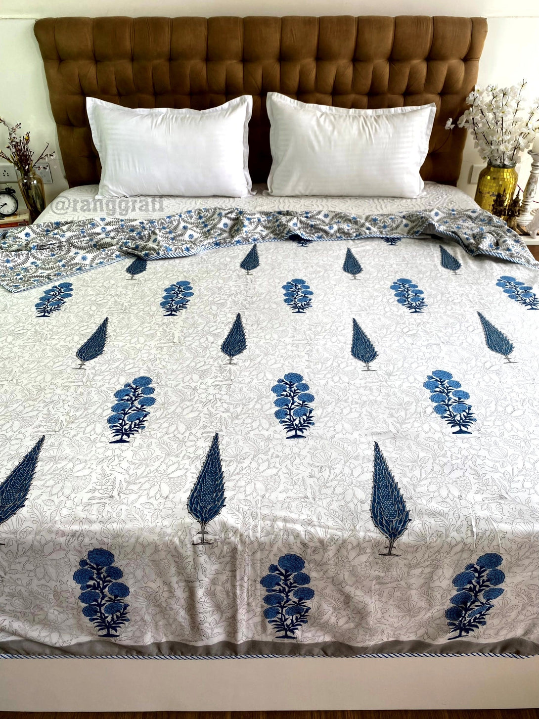 Grey And Blue Floral Dohar For Double Bed In Mulmul Cotton - Dohar