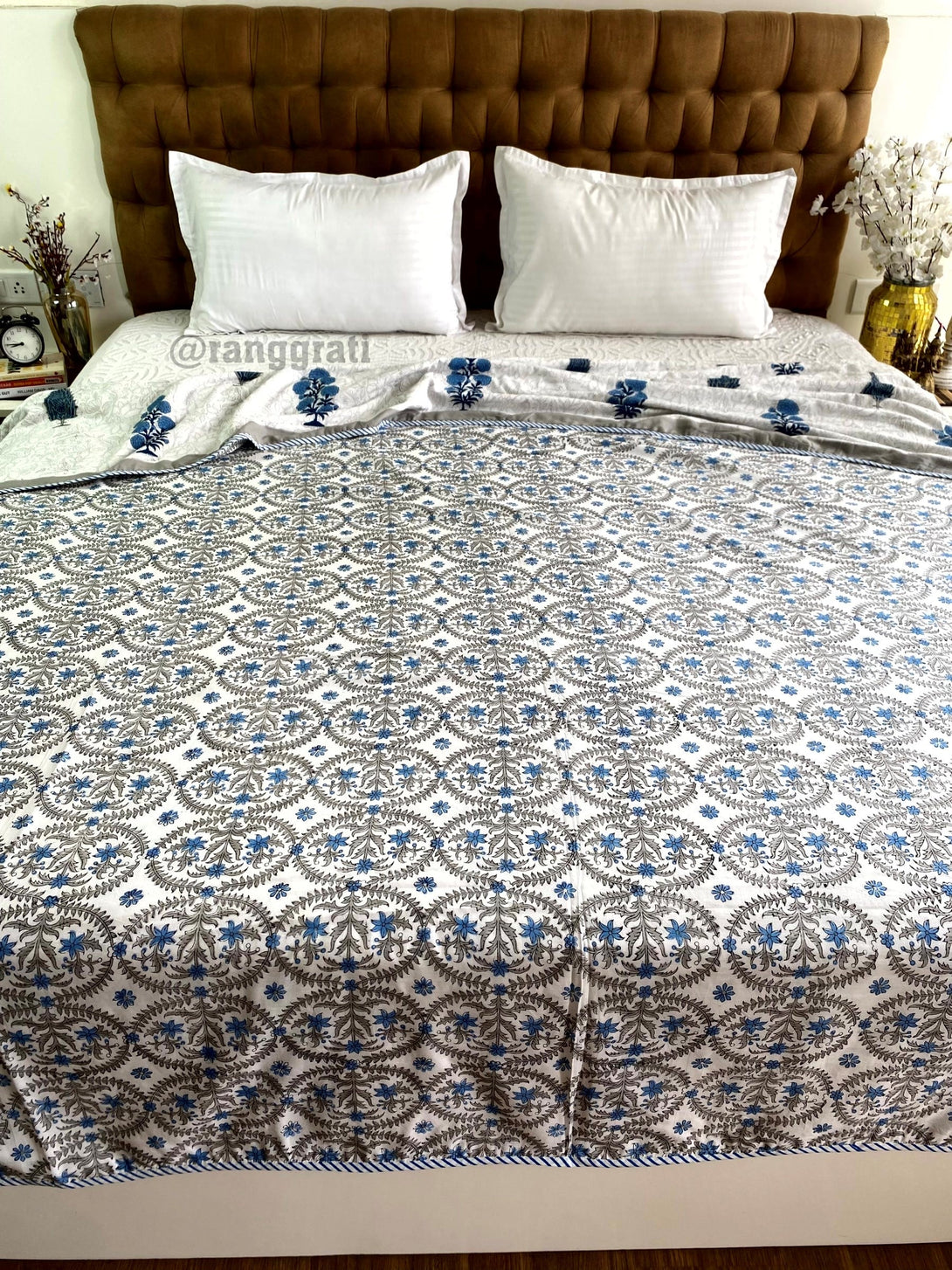 Grey And Blue Floral Dohar For Double Bed In Mulmul Cotton - Dohar