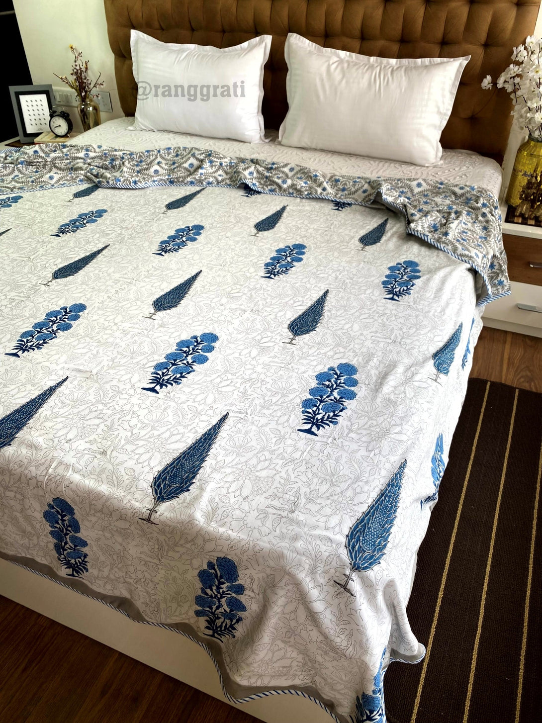 Grey And Blue Floral Dohar For Double Bed In Mulmul Cotton - Dohar
