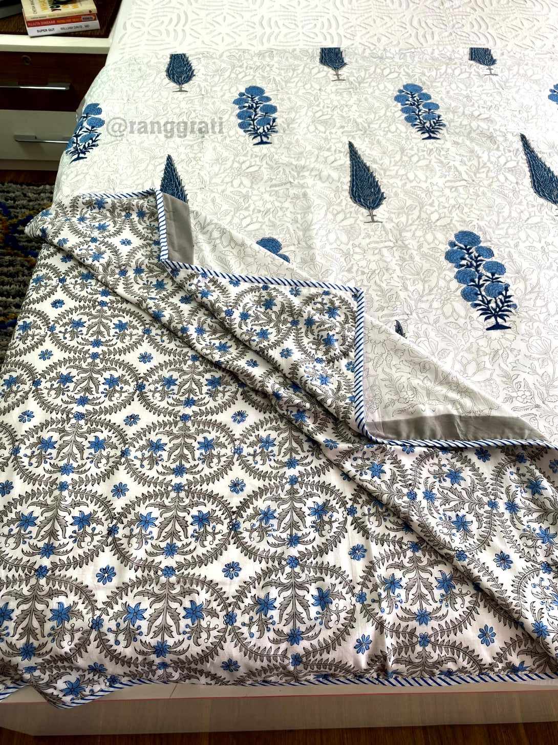 Grey And Blue Floral Dohar For Double Bed In Mulmul Cotton - Dohar