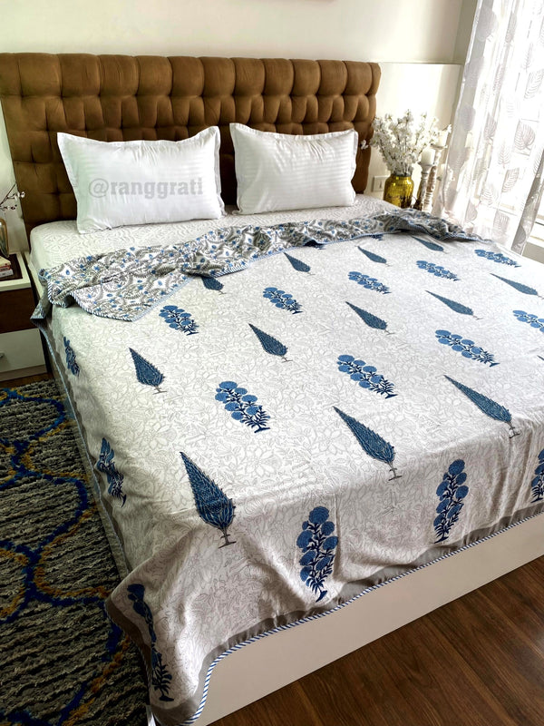 Grey And Blue Floral Dohar For Double Bed In Mulmul Cotton - Dohar