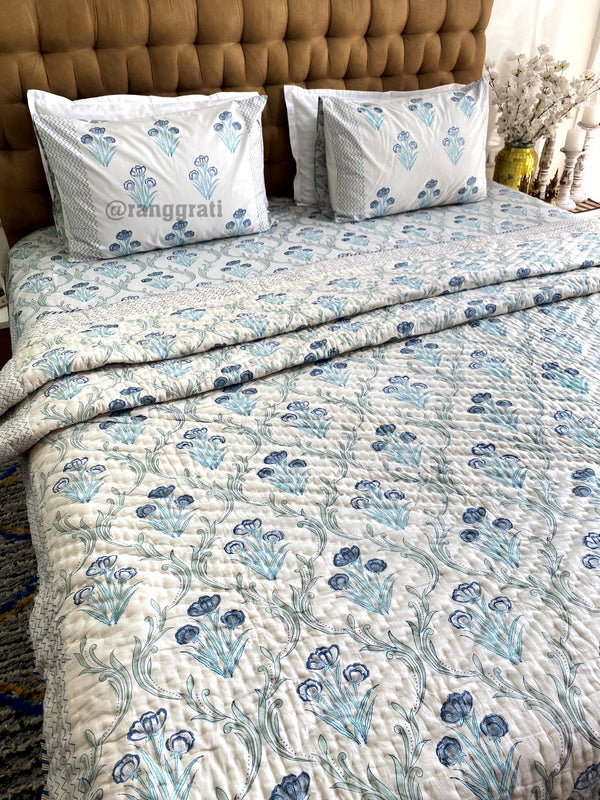 Grey Base Blue Floral King Size Bedsheet With Matching Razai / Quilt In Cotton - Bedding Set