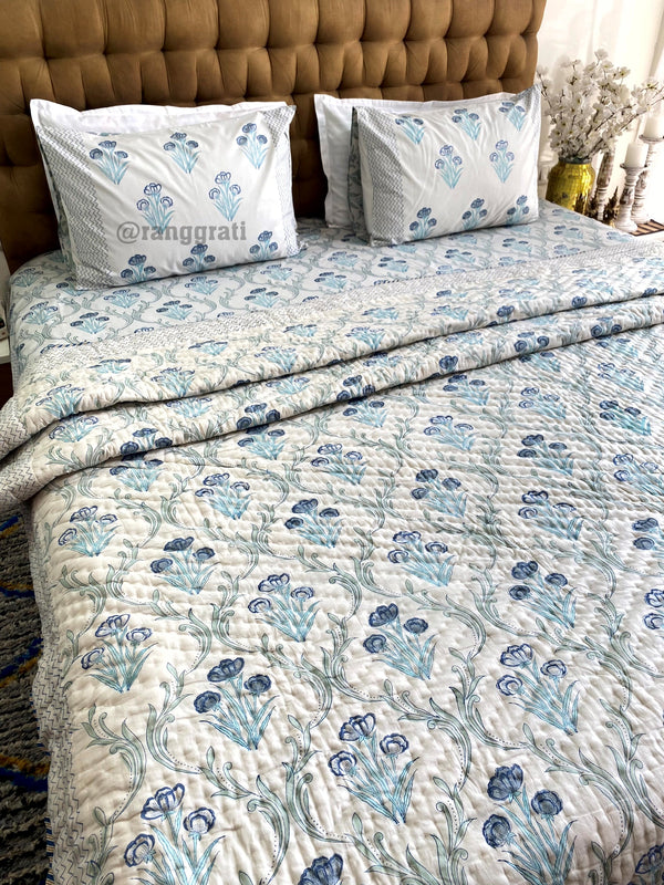 Grey Base Blue Floral Bedsheet With Matching Pure Cotton Razai 