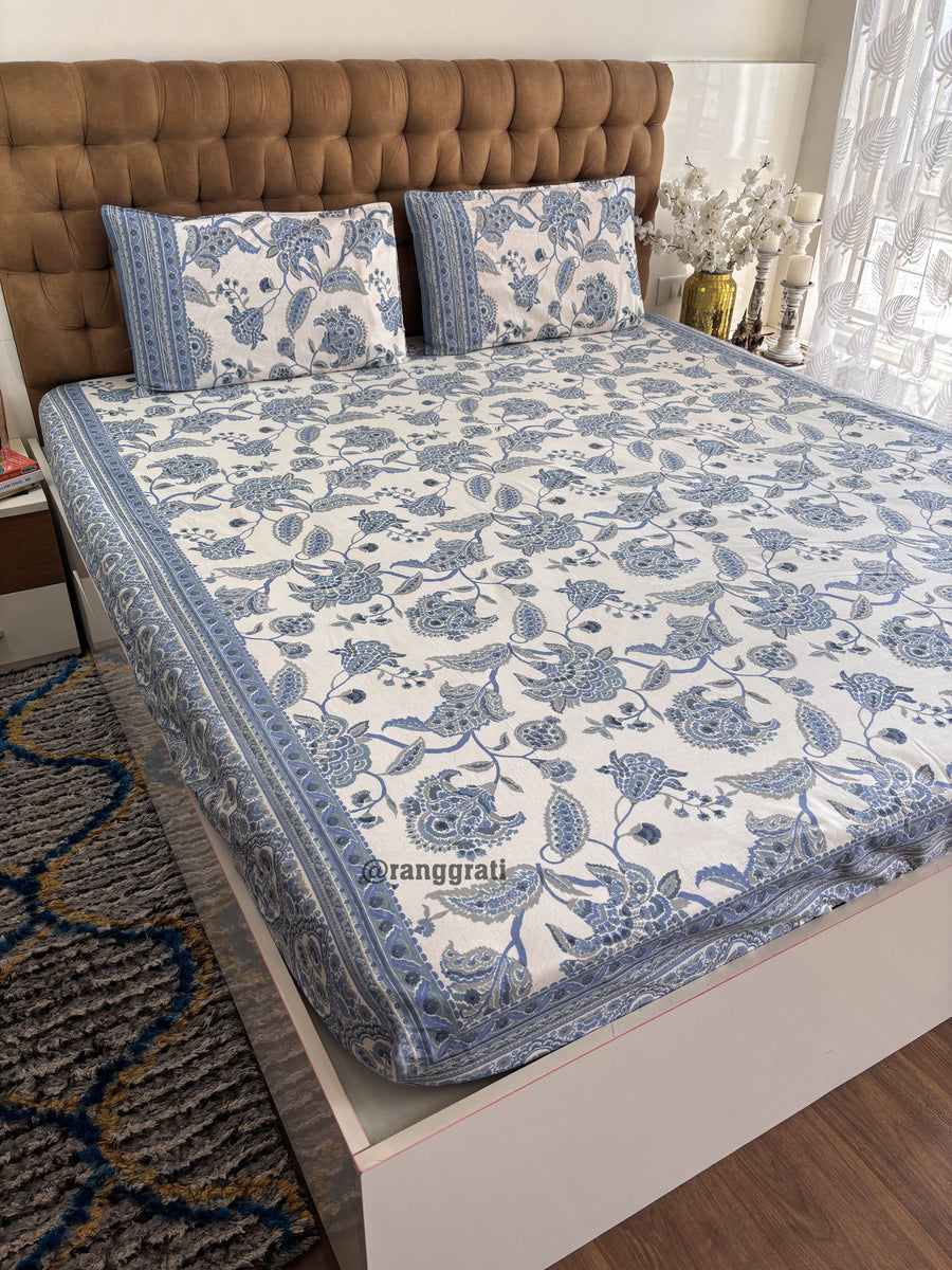 Grey Blue Floral Cotton Elastic Fitted Bedsheet King Size