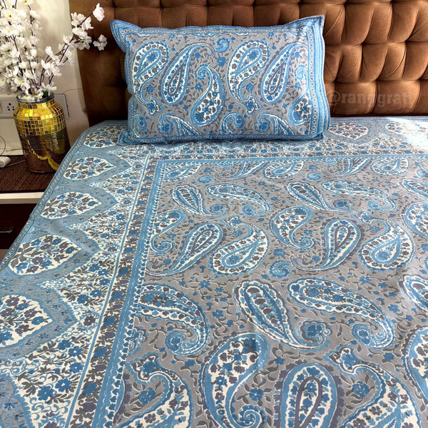 Grey Blue Paisley Jaipuri Cotton Bedsheet King Size - Bedsheet