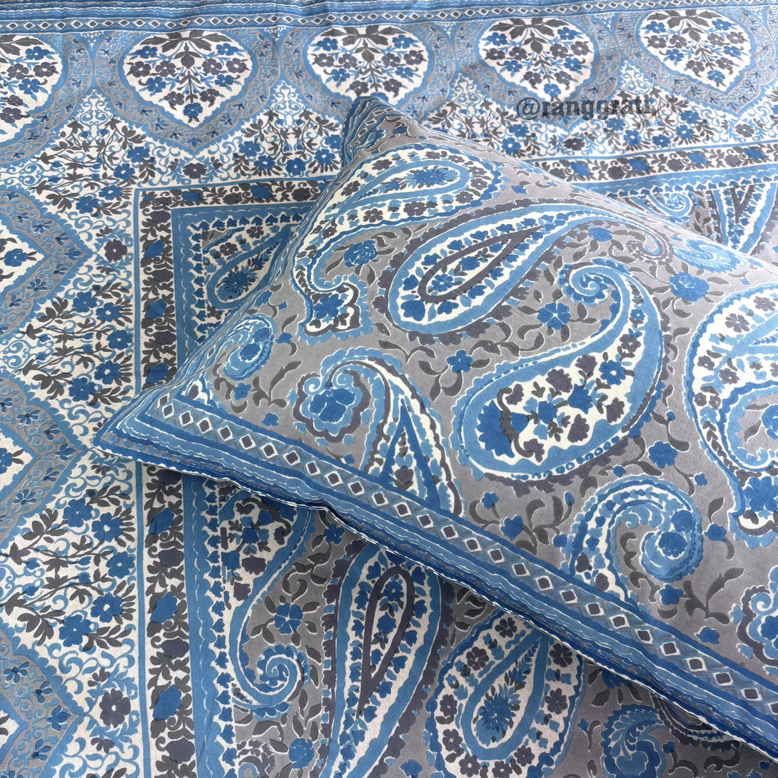Grey Blue Paisley Jaipuri Cotton Bedsheet King Size - Bedsheet