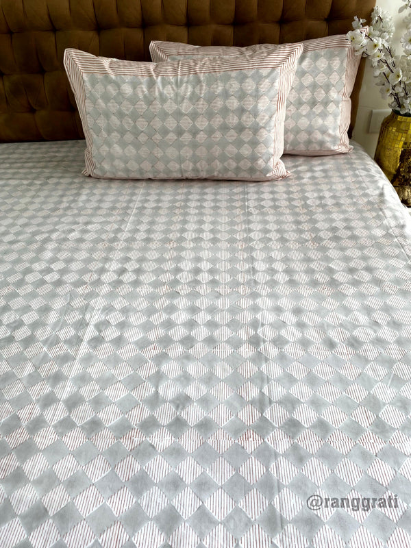 Grey Diamond Super King Size 250 TC Bedsheet Cotton Hand Block