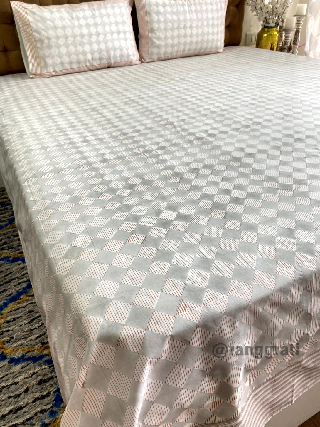 250 TC Grey Diamond Super King Size Bedsheet Cotton Hand Block