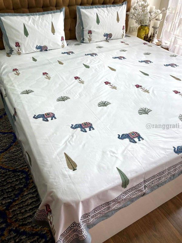 250 TC Grey Elephants Super King Size Bedsheet Cotton Hand Block