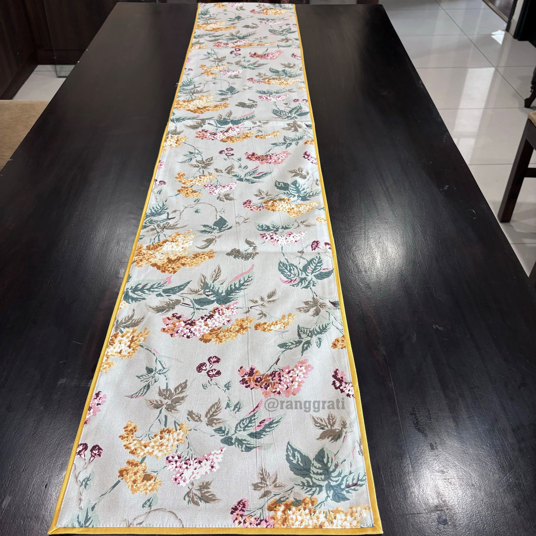 Grey Floral Canvas Cotton Table Runner 6 Seater Dining Table - Table Runner