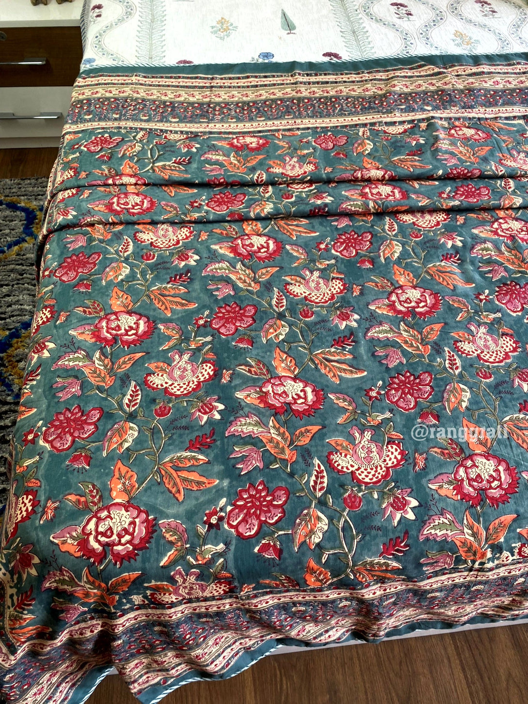Grey Floral Dohar For Single Bed In Mulmul Cotton Reversible - Dohar