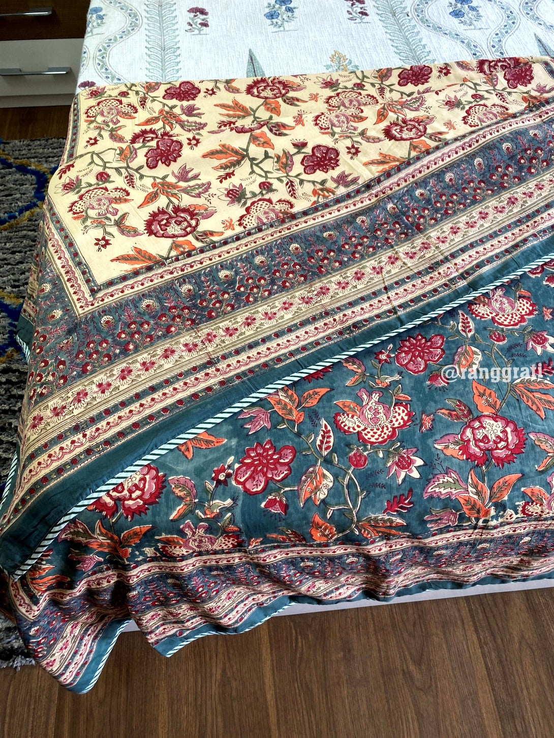 Grey Floral Dohar For Single Bed In Mulmul Cotton Reversible - Dohar