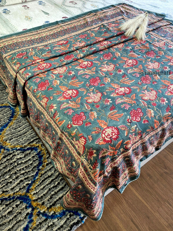 Grey Floral Dohar For Single Bed In Mulmul Cotton Reversible - Dohar