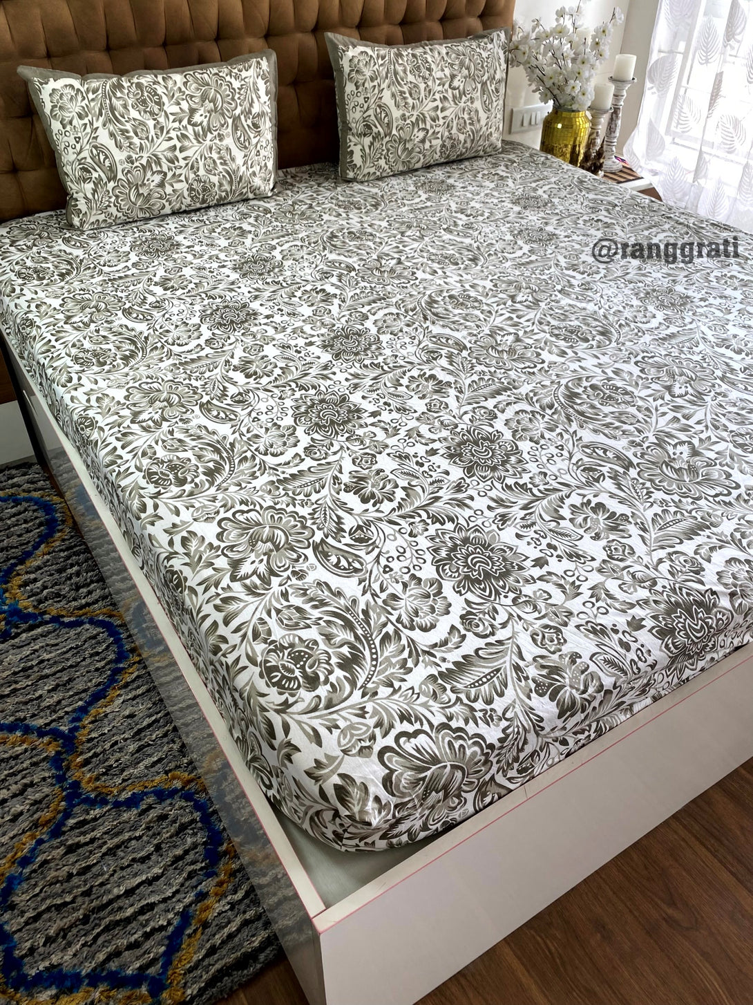 King Size Grey Floral Cotton Elastic Fitted Bedsheet Hand Block