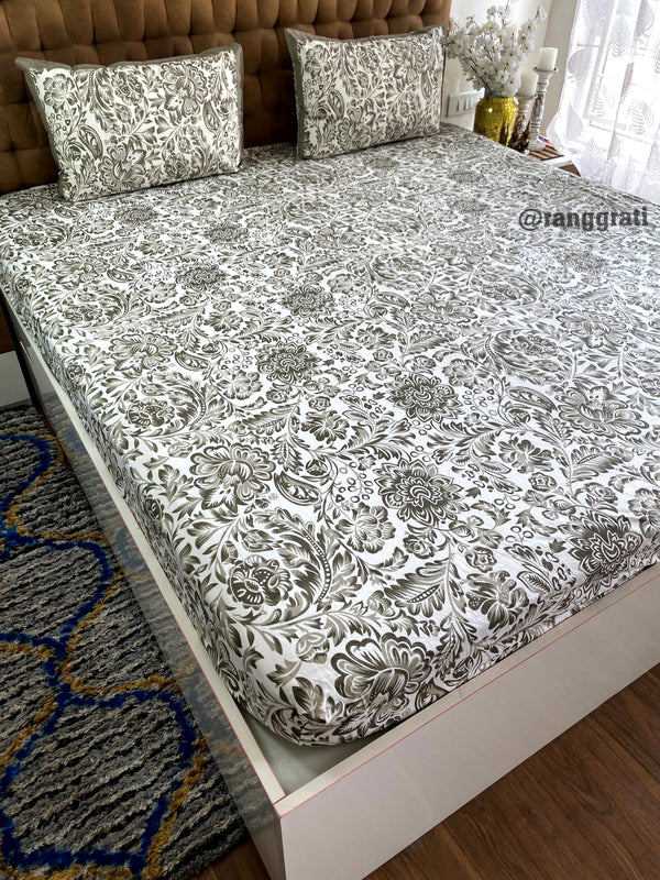 King Size Grey Floral Cotton Elastic Fitted Bedsheet Hand Block