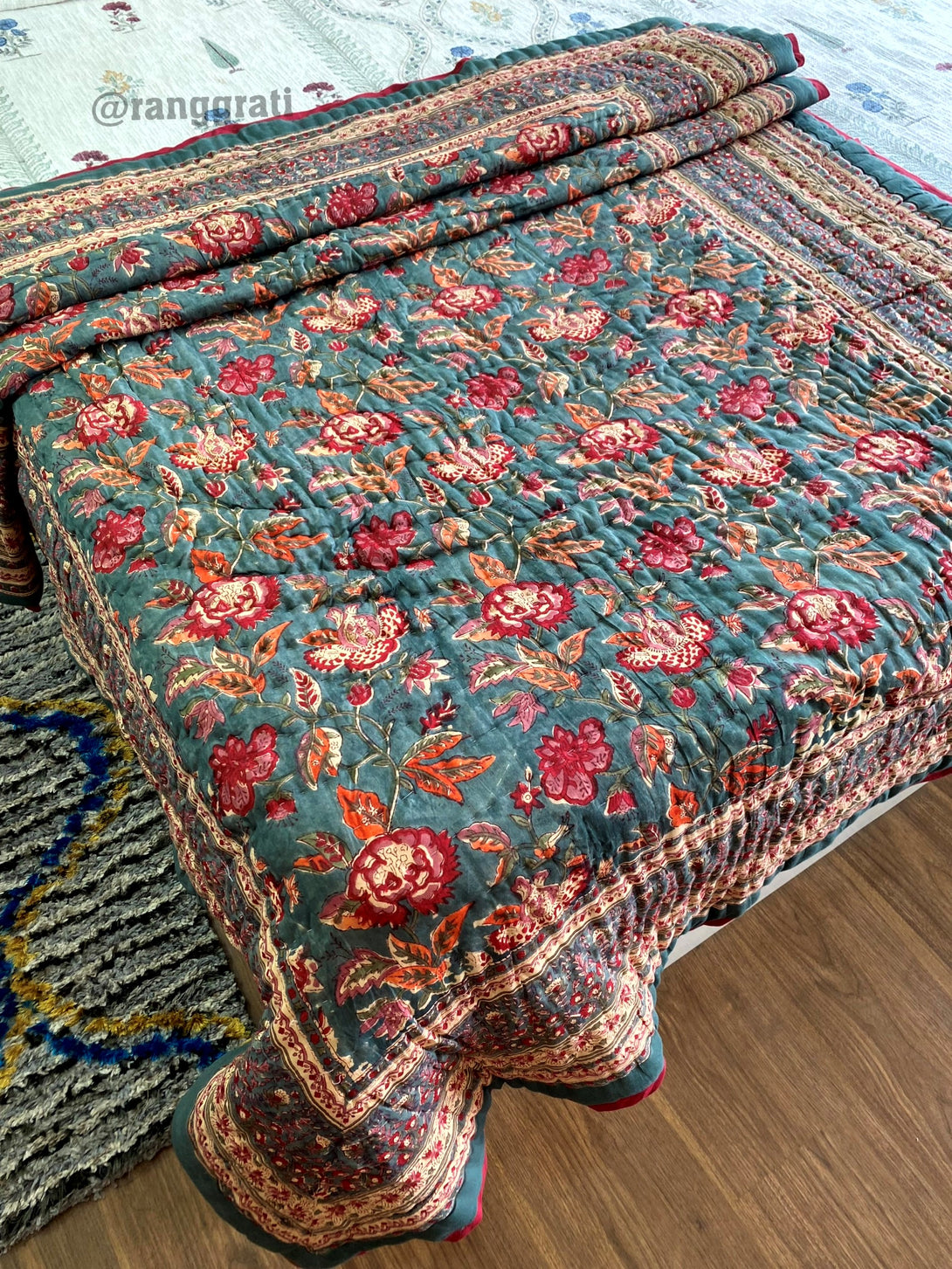 Grey Floral Single Razai / Quilt Cotton Hand Block Jaipuri