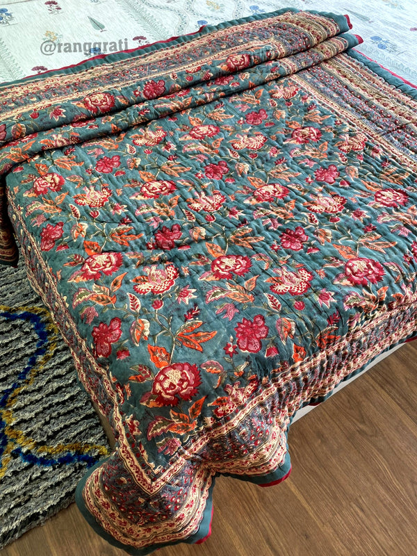 Grey Floral Single Razai / Quilt Cotton Hand Block Jaipuri
