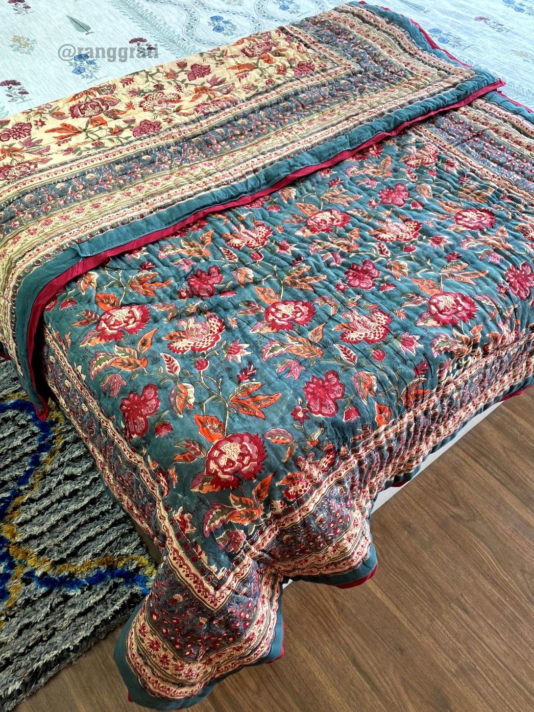 Cotton Grey Floral Single Razai / Quilt Hand Block Jaipuri