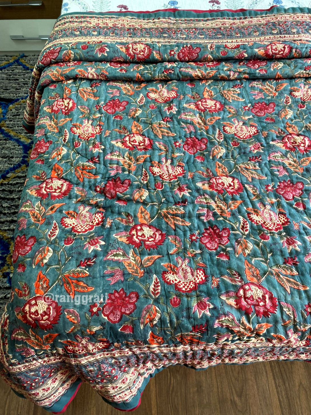 Grey Floral Single Razai / Quilt Cotton 