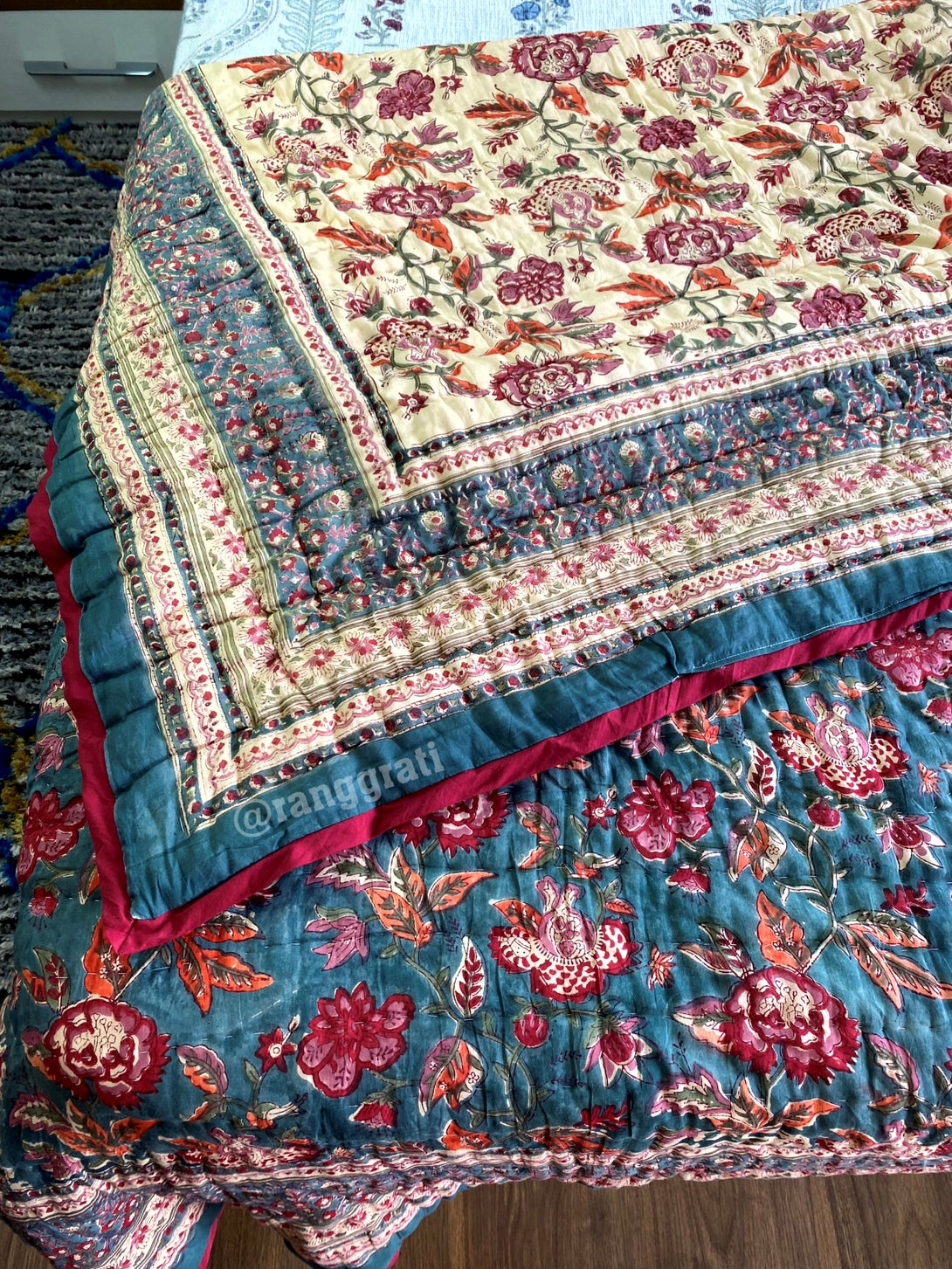 Grey Floral Single Razai / Quilt Cotton Hand Block Jaipuri Reversible 