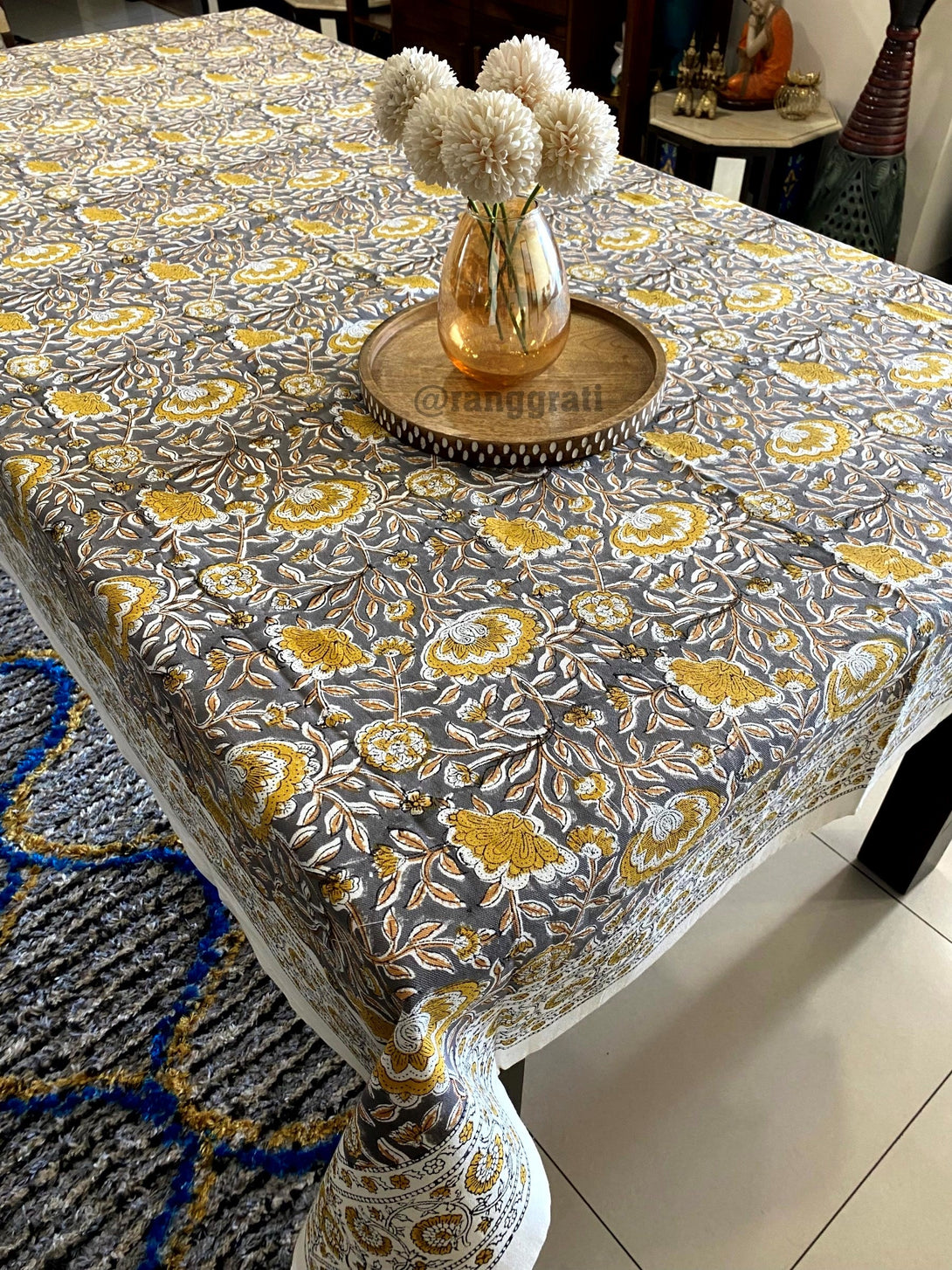 Grey Floral Table Cover 6 Seater Dining Table Rectangular - Table Cover