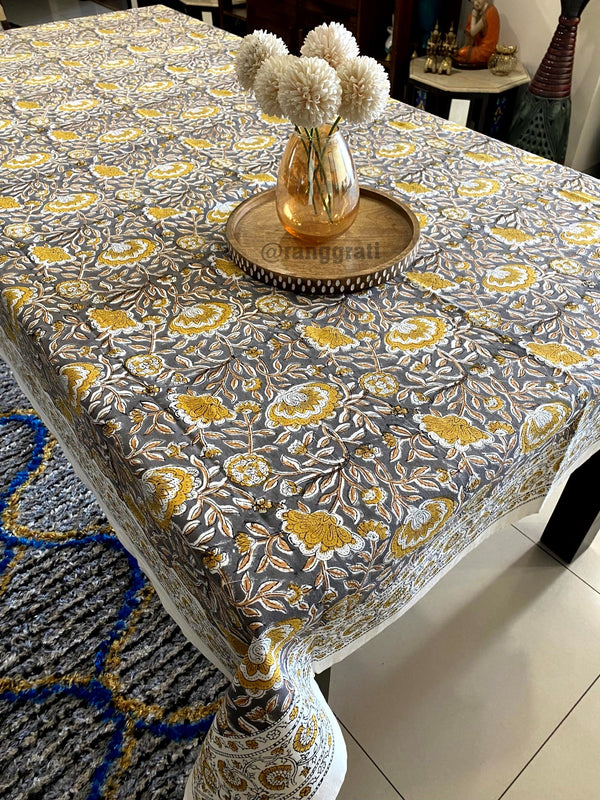 Grey Floral Table Cover 6 Seater Dining Table Rectangular - Table Cover