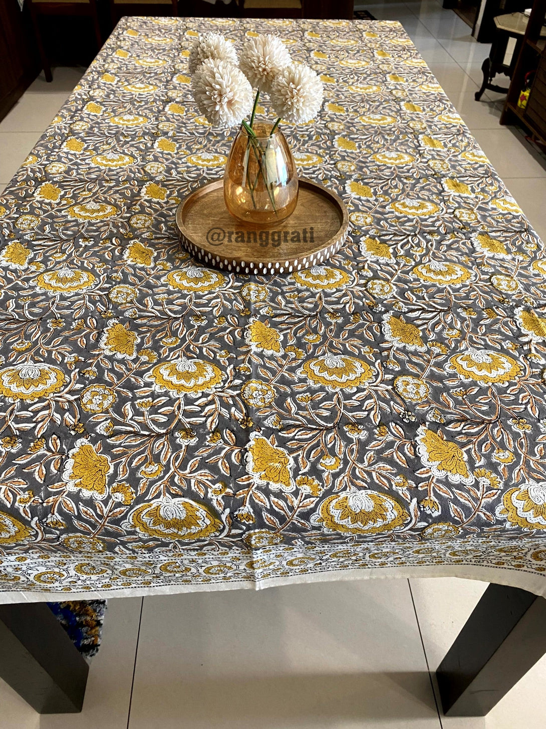 Grey Floral Table Cover 6 Seater Dining Table Rectangular - Table Cover
