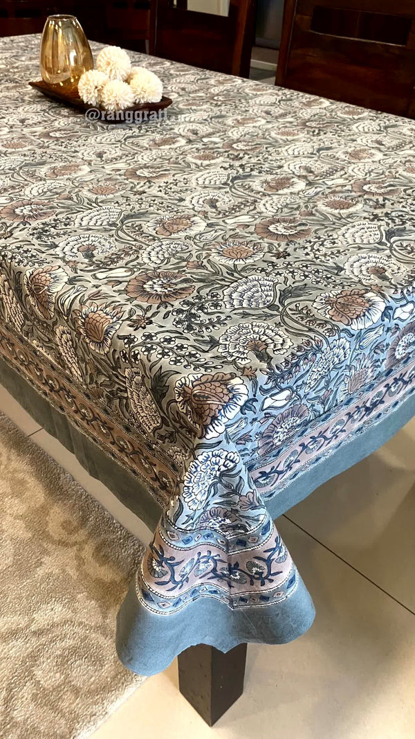 Grey Floral Table Cover Cloth 6 Seater Dining Table Rectangular - Table Cover