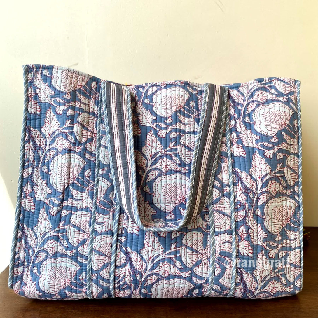 Grey Floral Tote Bag Quilted Hand Block Printed Cotton Without Zip - Tote Bag