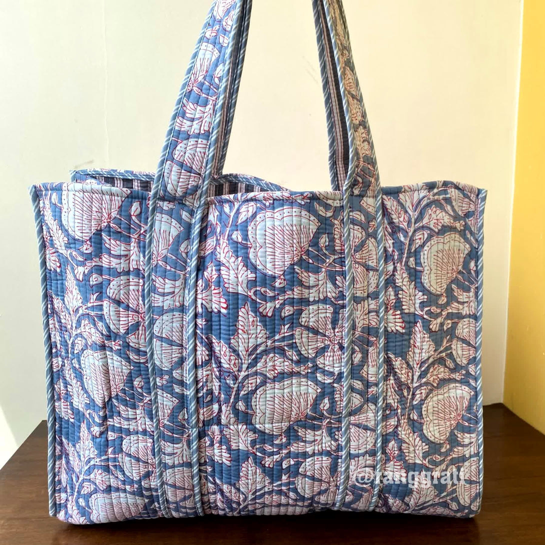Grey Floral Tote Bag Quilted Hand Block Printed Cotton Without Zip - Tote Bag