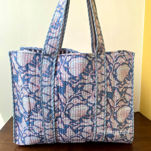 Grey Floral Tote Bag Quilted Hand Block Printed Cotton Without Zip - Tote Bag