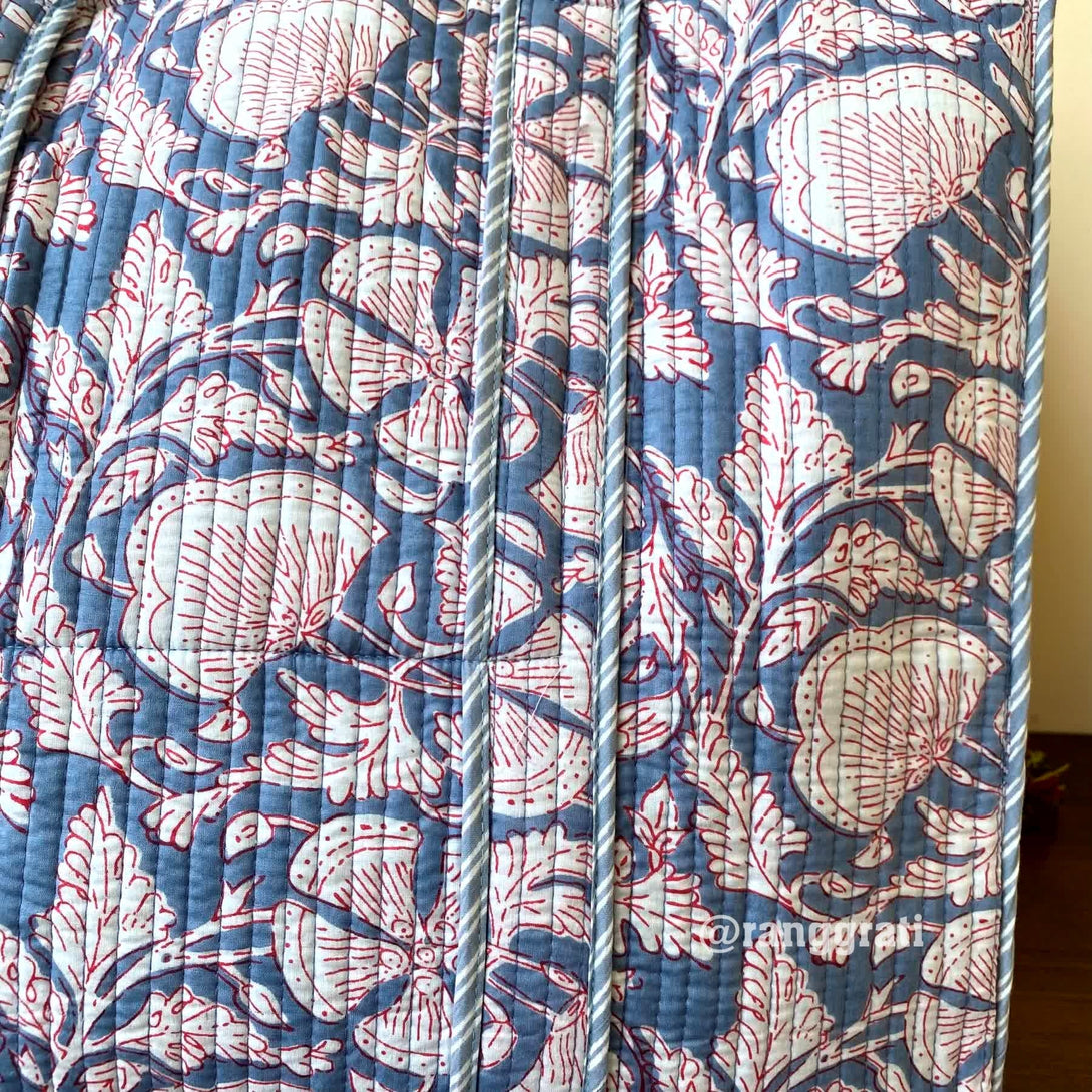 Grey Floral Tote Bag Quilted Hand Block Printed Cotton Without Zip - Tote Bag