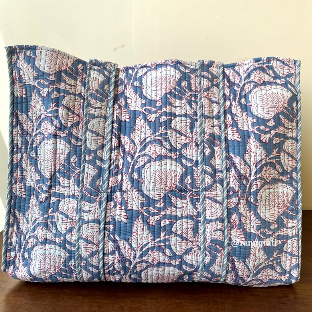 Grey Floral Tote Bag Quilted Hand Block Printed Cotton Without Zip - Tote Bag