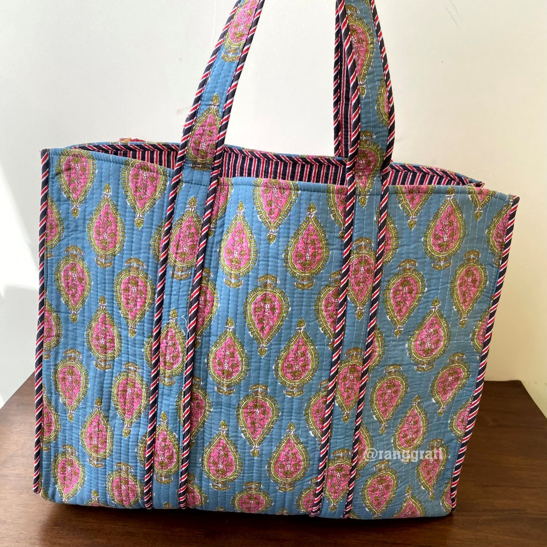 Grey Paisley Floral Tote Bag Quilted Hand Block Cotton Without Zip - Tote Bag